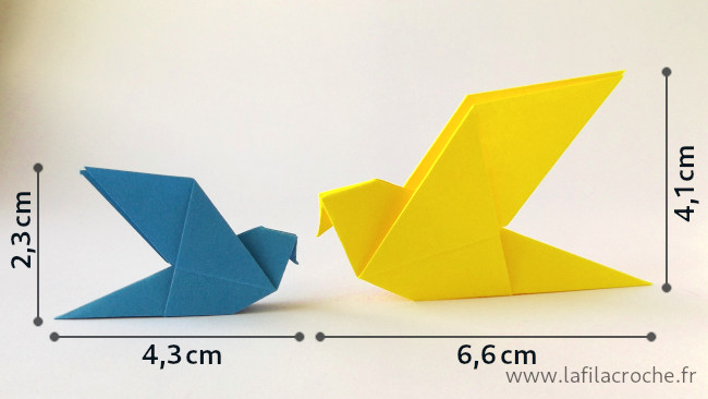 Dimensions des petites et grandes colombes en origami